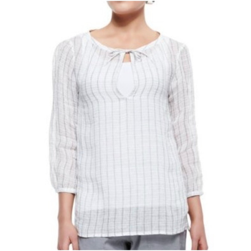 Eileen Fisher 100% Linen White Grey Windowpane Tie Neck Tunic XL